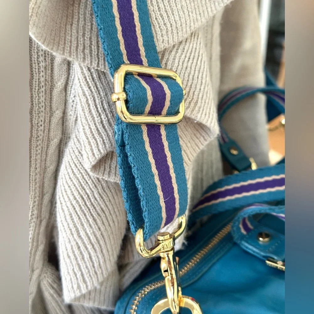 Tory Burch Teal Leather Weekend Duffel with Purple & Cream Stripes